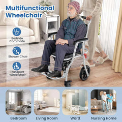 4-in-1 Bedside Commode Wheelchair for Toilet, 330lbs Foldable Shower Chair with Arms, Rolling Bath Chair for Elderly Disabled Handicap