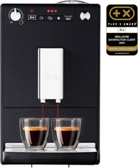 Melitta Caffeo Solo Noir Pure Black, Machine à Café à Grains avec Broyeur et Système d'Extraction des Arômes, Affichage LED, Mode 1 à 2 Tasses, Cafetière Expresso, Automatique, E950-222, 1400W