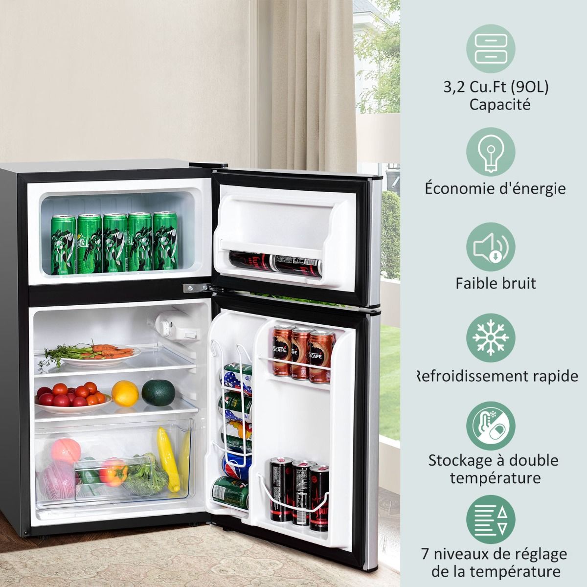 Réfrigérateur Compact Mini-réfrigérateur 90 L Congélateur Séparé avec Design à 2 Portes Fonctionnement Silencieux Blanc/Gris/Noir