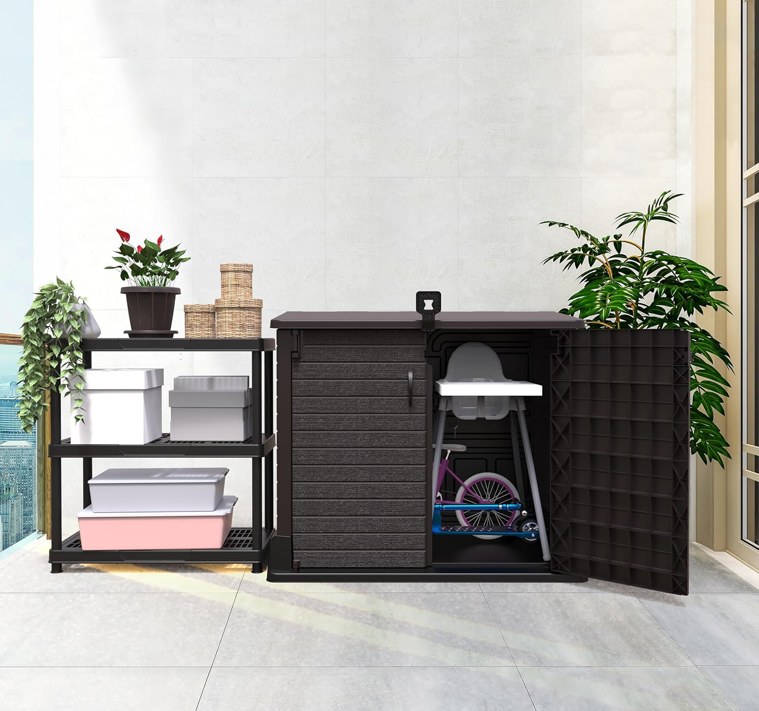 Duramax StoreAway 1200L Plastic Garden Shed/ Flat Lid, Outdoor Storage Shed, Wheelie Bin Hideaways, Wheelie bin box, Durable Construction, Ideal for Bikes, BBQs & 2x 240L Bins, 145x85x125 cm, Brown