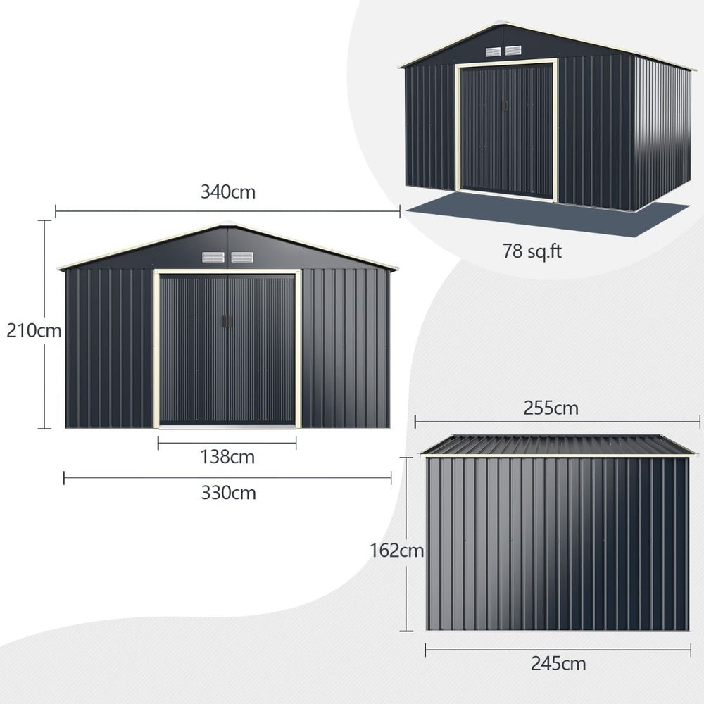 Abri de Jardin en Métal & Extension 10.85㎡ avec 2 Portes Coulissantes Verrouillables 4 Trous d’Aération Gris pour Vélo