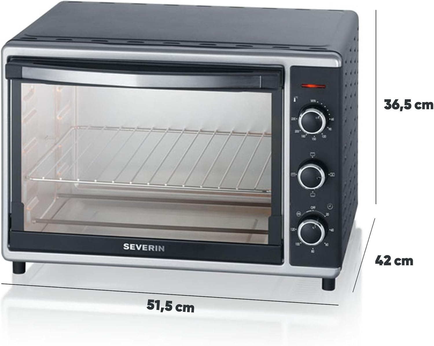 SEVERIN Mini-Four à chaleur tournante 42 L avec pierre à pizza et tournebroche, Four posable 1 800 W design élégant, électrique avec minuteur 120 min, Noir/Inox, TO 2058