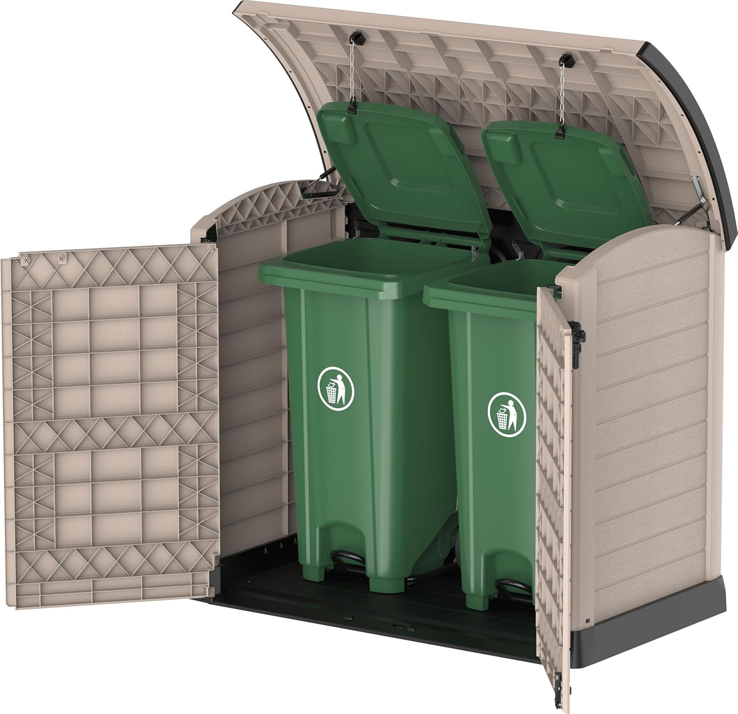 Duramax StoreAway 1200L Plastic Garden Shed/ Flat Lid, Outdoor Storage Shed, Wheelie Bin Hideaways, Wheelie bin box, Durable Construction, Ideal for Bikes, BBQs & 2x 240L Bins, 145x85x125 cm, Brown