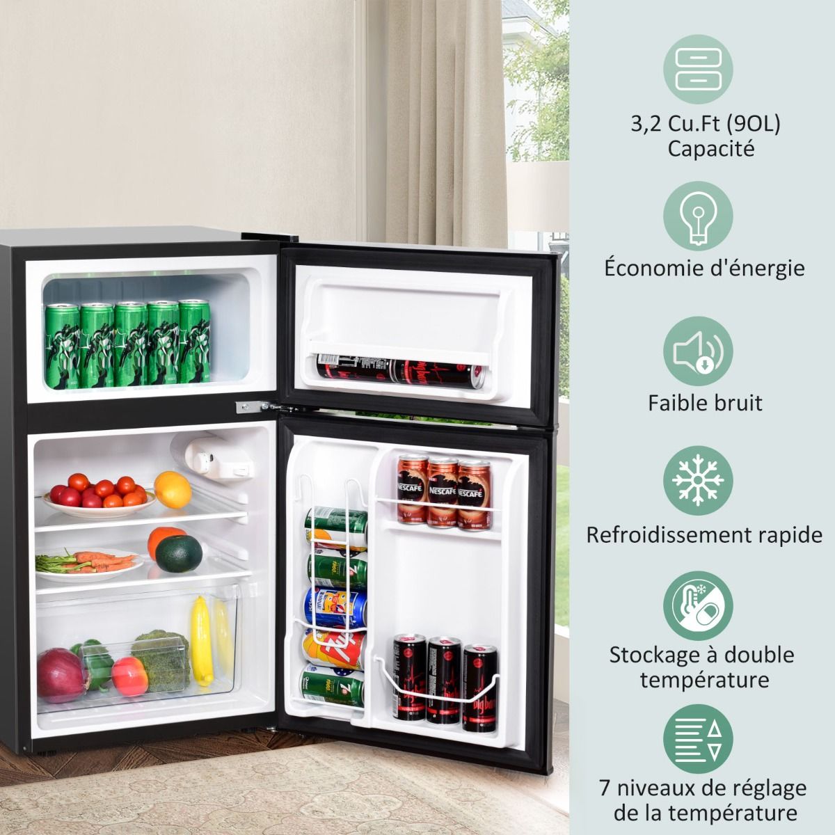 Réfrigérateur Compact Mini-réfrigérateur 90 L Congélateur Séparé avec Design à 2 Portes Fonctionnement Silencieux Blanc/Gris/Noir
