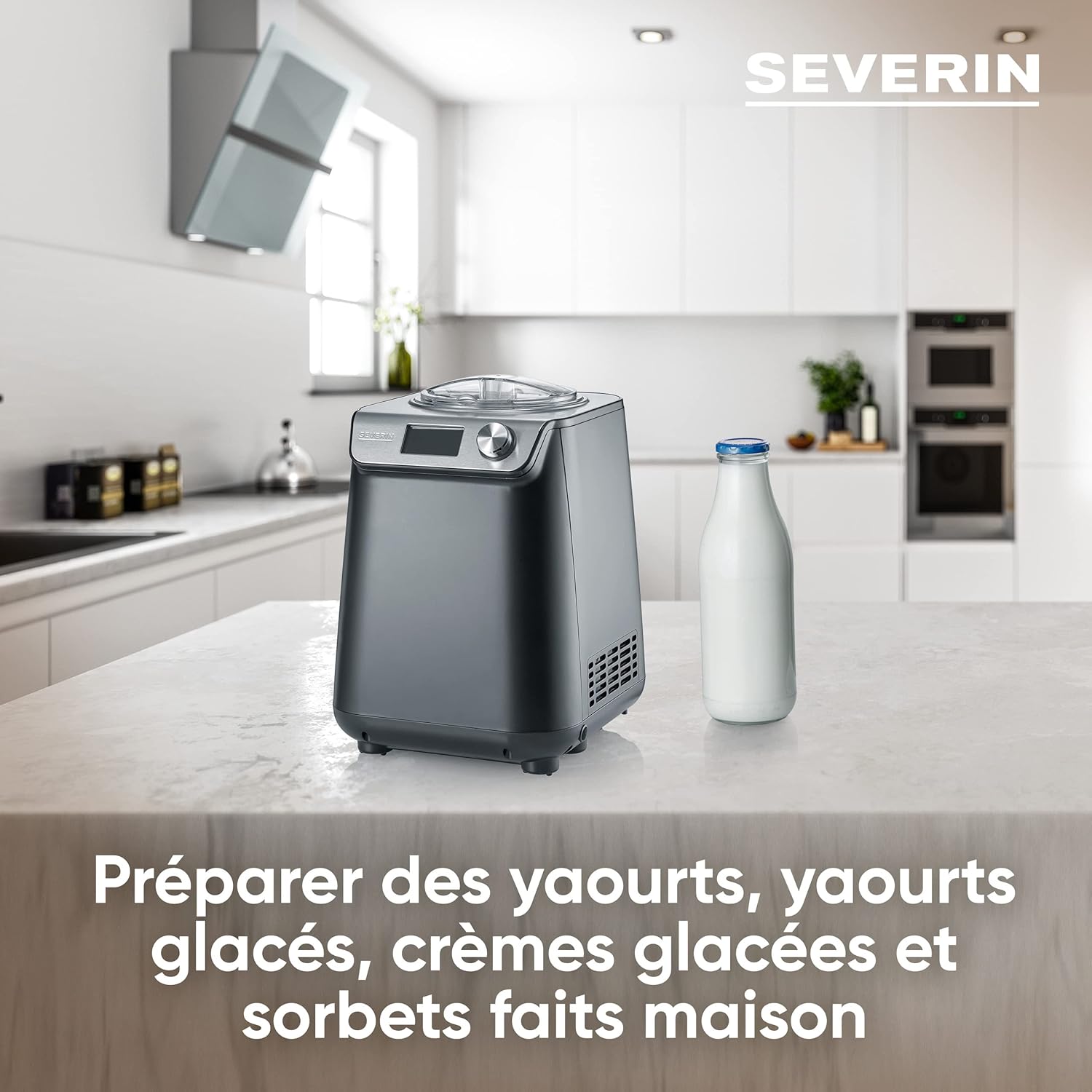 SEVERIN 2-in-1 Ice Cream Maker Compact 135 W, Electric Ice Cream Maker and Yogurt Maker with 1.2 L Capacity, Ice Maker with Recipe Book, Black, EZ 7407