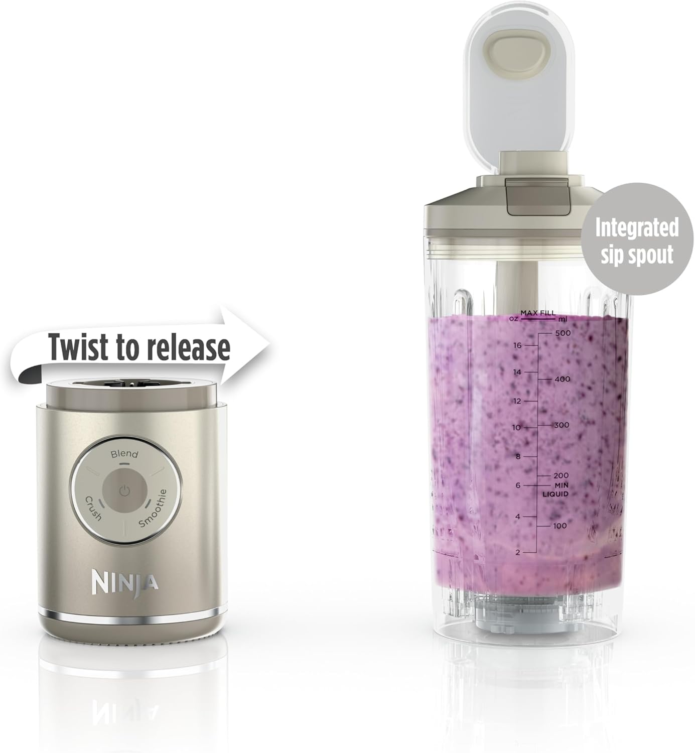 Ninja Blast Max, Portable Blender + Twist & Go, Personal Smoothie, Blend, Ice Crush, 3 Programs, Cordless, 22 oz removable Vessel, Dishwasher Safe, Leakproof, Pink, BC251PK