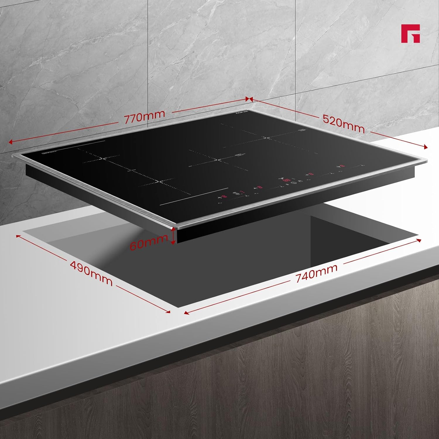 GASLAND IH774BFB Plaque de Cuisson Induction encastrable 77 cm, 4 foyers avec cadre en inox, zone spéciale BBQ, PowerBoost, 7000W (Poêle non incluse)