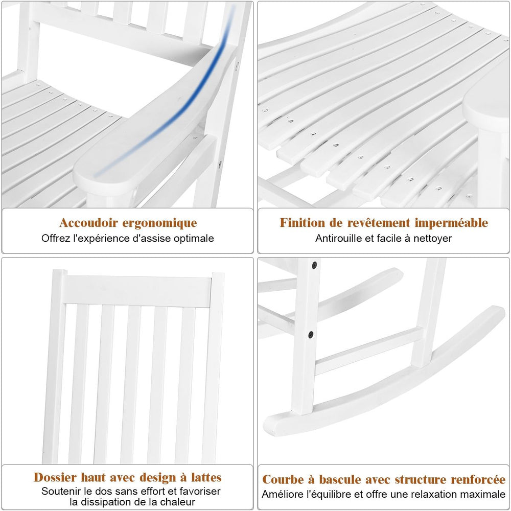 Fauteuil à Bascule en Bois d'Acacia Chaise Berçante pour Jardin Pelouse Balcon Blanc -