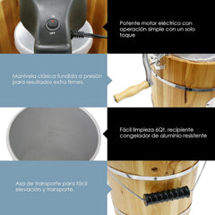 Elite Gourmet EIM916 Sorbetière électrique vintage en bois des Appalaches, 5,7 L, avec manivelle moulée sous pression, préparation de crème glacée avec sel gemme en quelques minutes, pin