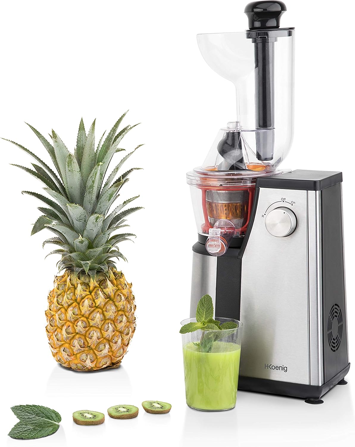 Extracteur de Jus de Fruits et Légumes vertical GSX24 H.Koenig Centrifugeuse Vitamin + sans BPA - 82 mm Large Bouche - 3 tamis pour jus fin ou épais et sorbet - Pression douce - 50 tours 400 W