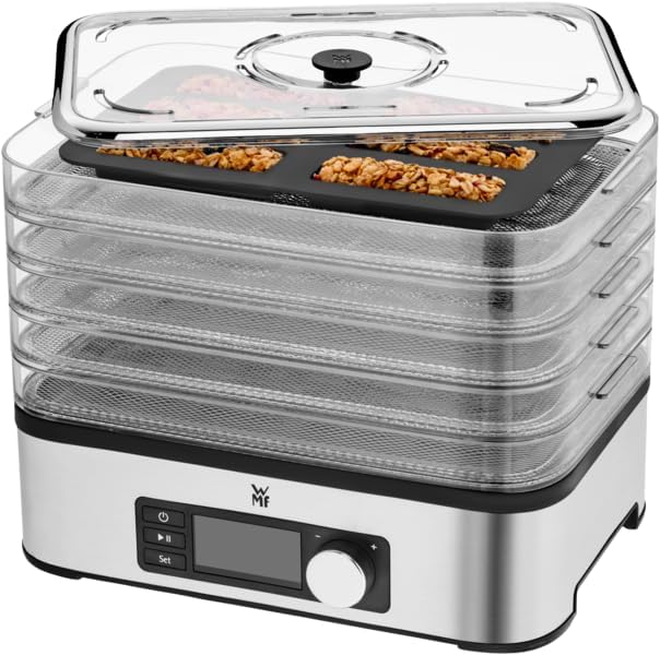 WMF KITCHENminis Dehydrator, 400 W, Stainless Steel, 5 Trays BPA Free, Programmable Dried Fruits, Vegetables, Dehydrated Mushrooms, Cereal Bars, Cromargan 0415250011
