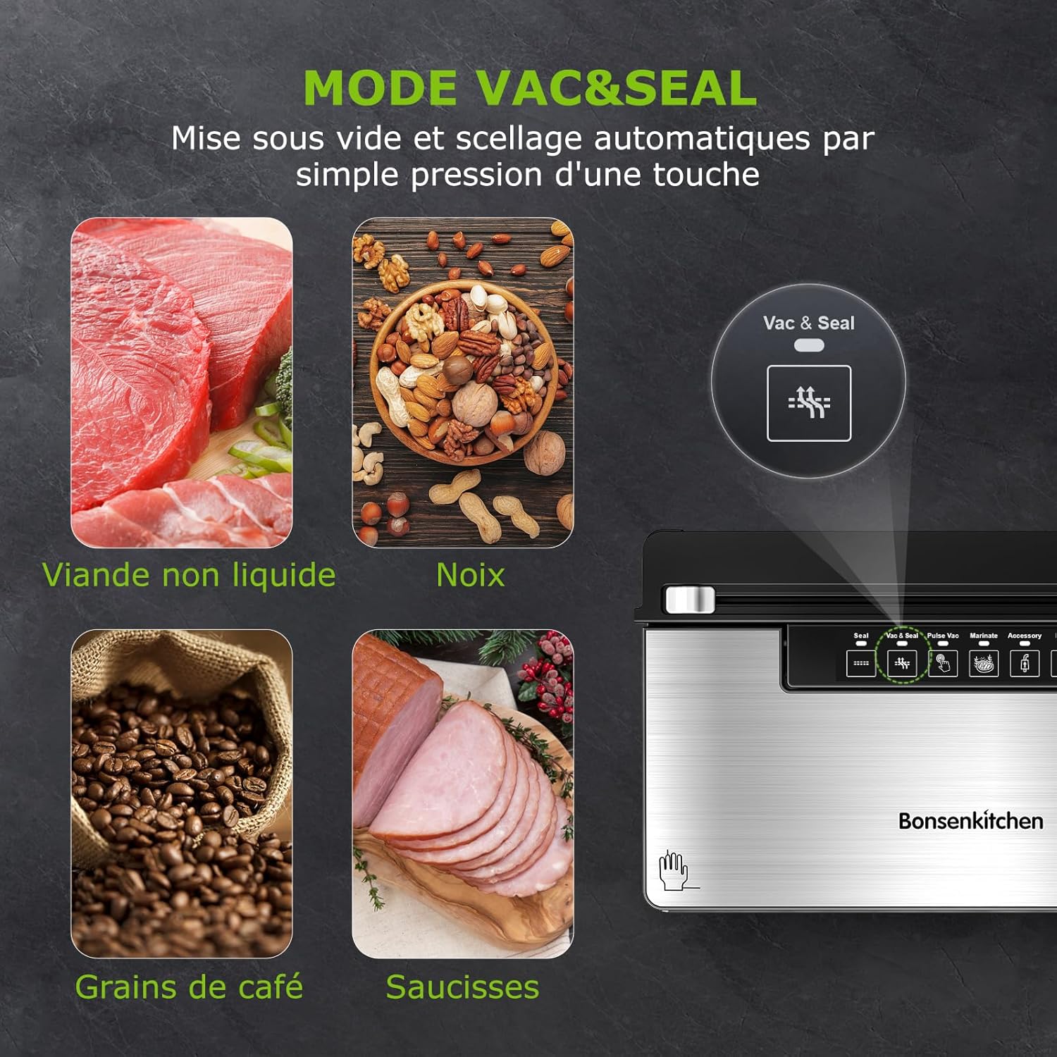 Bonsenkitchen Food Vacuum Sealer Machine, 5 Modes-8L/min, Globefish Technology for Continuous Work at High Speed, Includes 100 Vacuum Bags and 1 Roll Bag