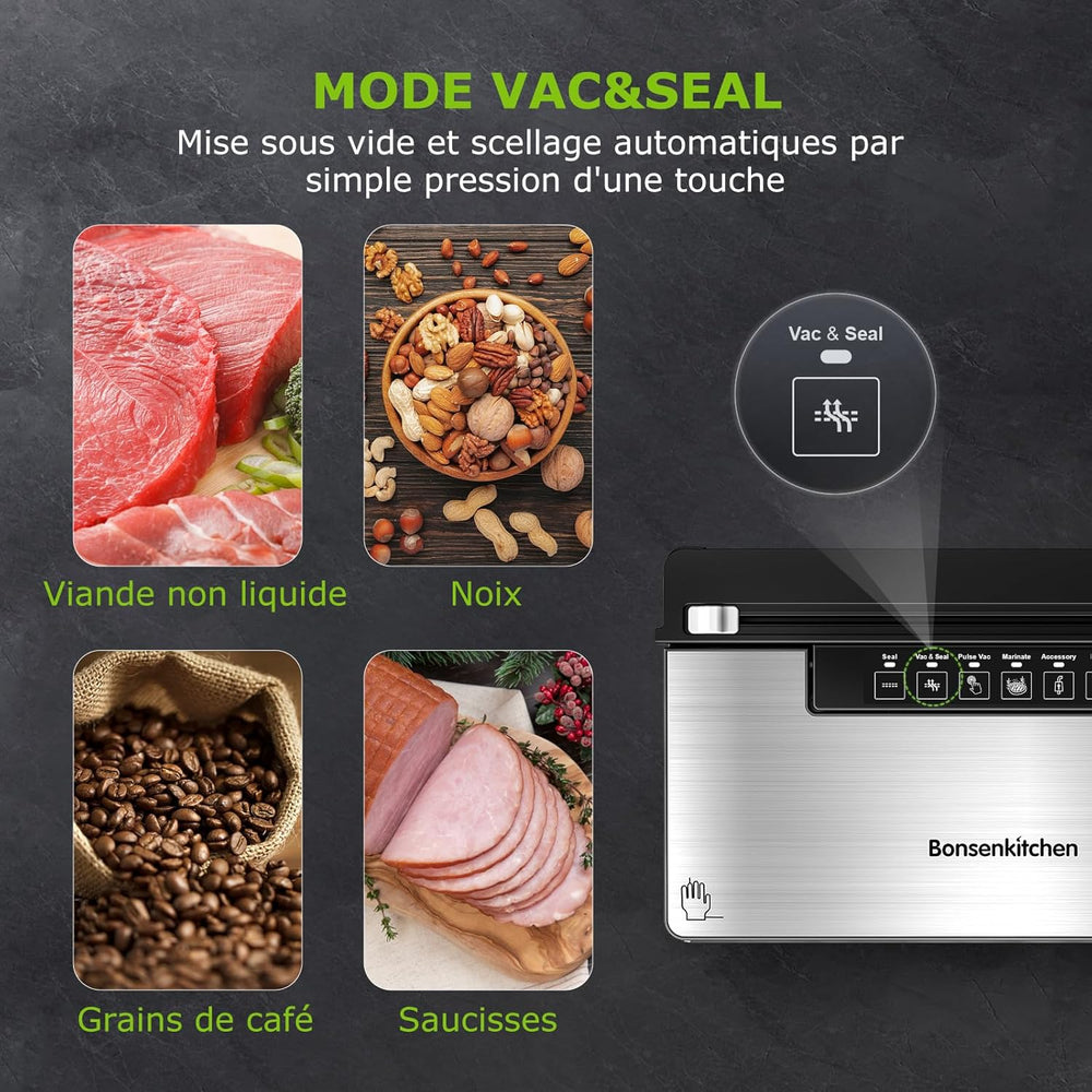 Bonsenkitchen Machine Sous Vide Alimentaire, Machine Sous Vide à 5 Modes-8 L/min, Technologie Globefish pour Un Travail en Continu à Grande Vitesse, Comprend 100 Sacs Sous Vide et 1 Sac en Rouleau