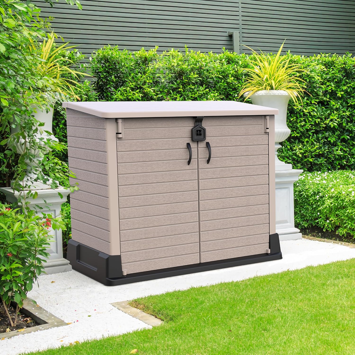Duramax StoreAway 1200L Plastic Garden Shed/ Flat Lid, Outdoor Storage Shed, Wheelie Bin Hideaways, Wheelie bin box, Durable Construction, Ideal for Bikes, BBQs & 2x 240L Bins, 145x85x125 cm, Brown
