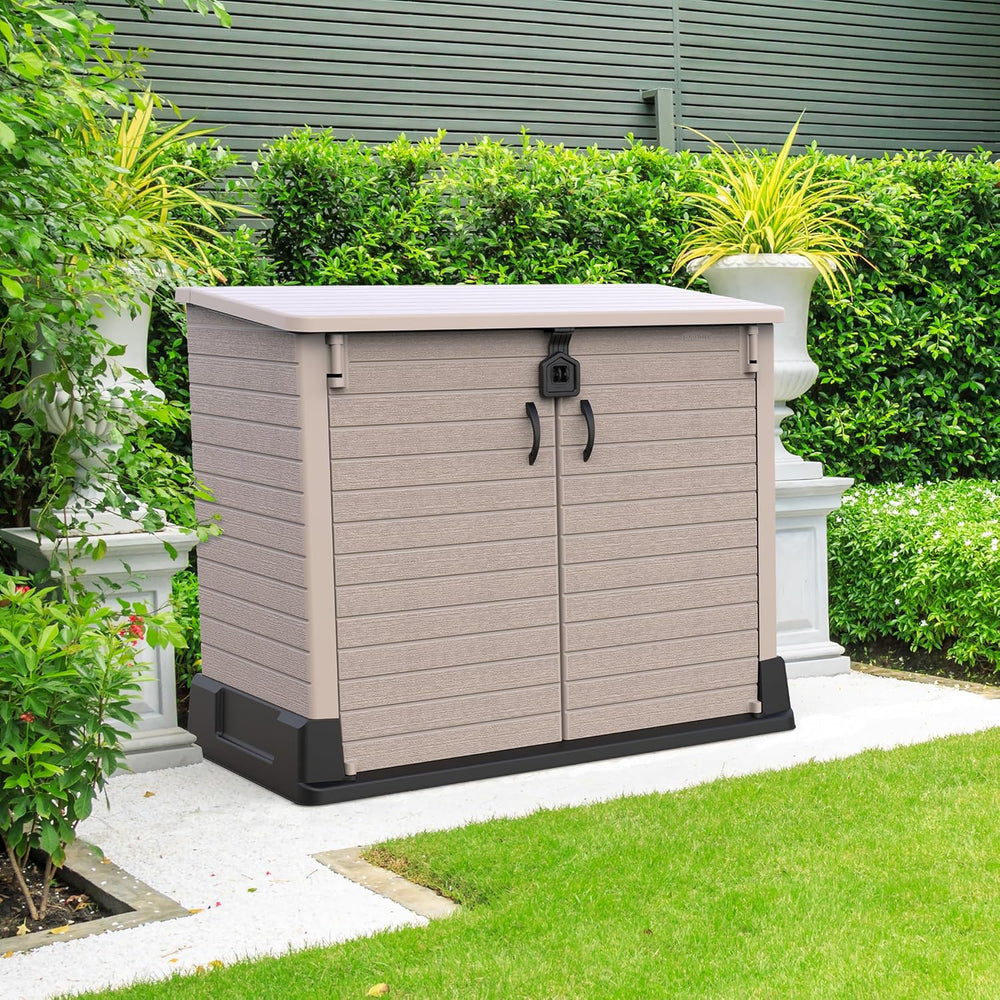 Duramax StoreAway 1200L Plastic Garden Shed/ Flat Lid, Outdoor Storage Shed, Wheelie Bin Hideaways, Wheelie bin box, Durable Construction, Ideal for Bikes, BBQs & 2x 240L Bins, 145x85x125 cm, Brown