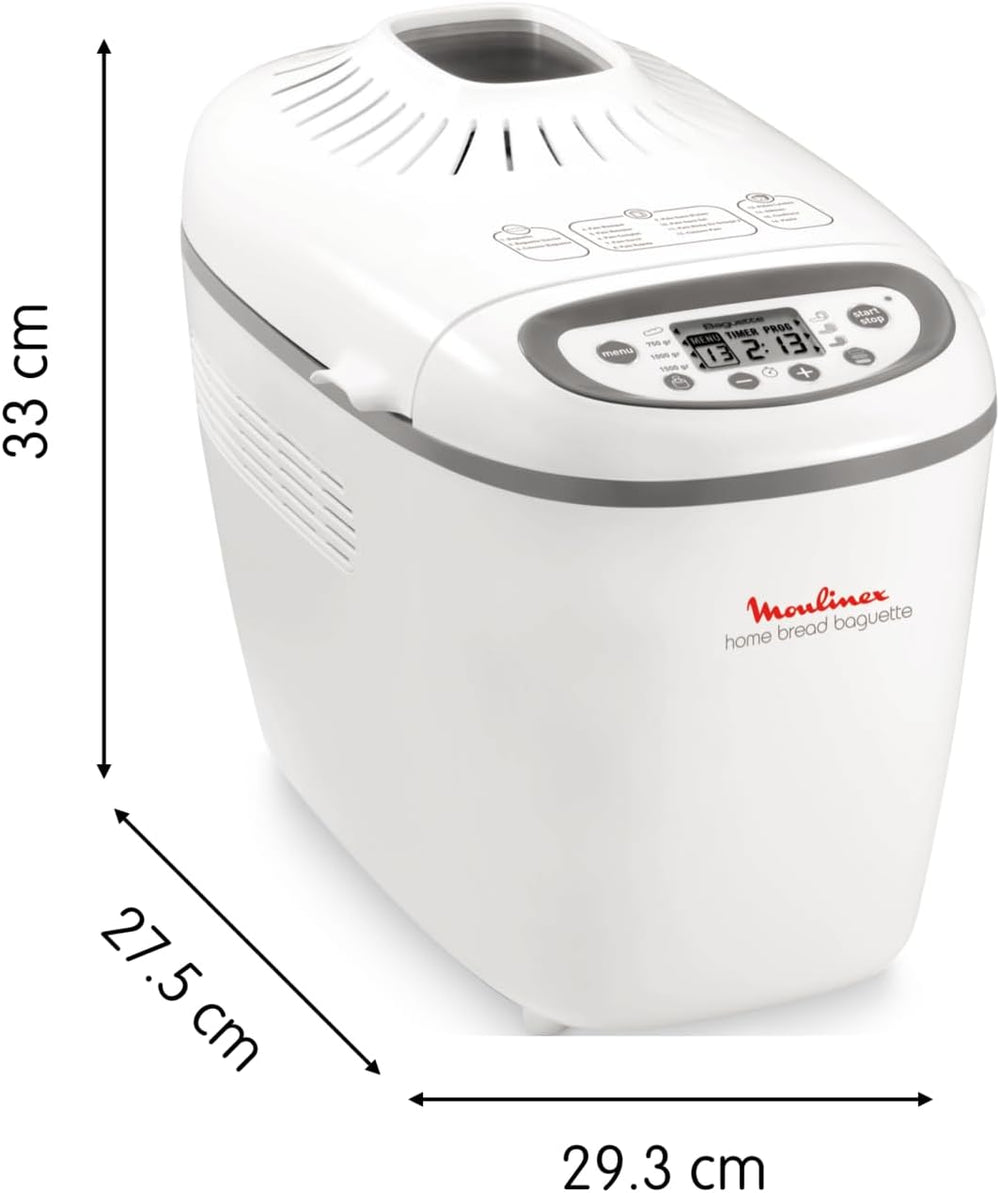 Moulinex Home Bread Baguette Machine à petits pains, 16 programmes, Résultats homogènes, Jusqu'à 1,5 kg de pain frais, Plaques croustillants, 3 niveaux de dorage OW610110, Blanc