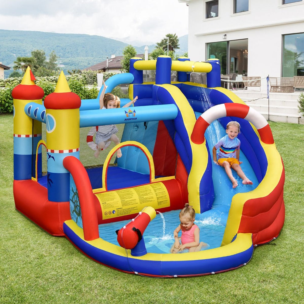 Château Gonflable Style Bateau avec Toboggan Incurvé Zone de Saut Mur d'Escalade avec Gonfleur 450 W