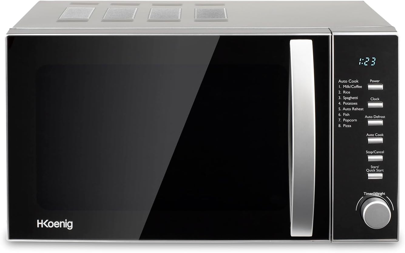 H.Koenig Four à Micro-ondes Compact Digital 20L VIO2, 700W, Plateau tournant 24,5cm, Multifonction Programmable 6 niveaux de chauffe, Décongélation et Express, Minuterie 60min, Effet mirroir noir