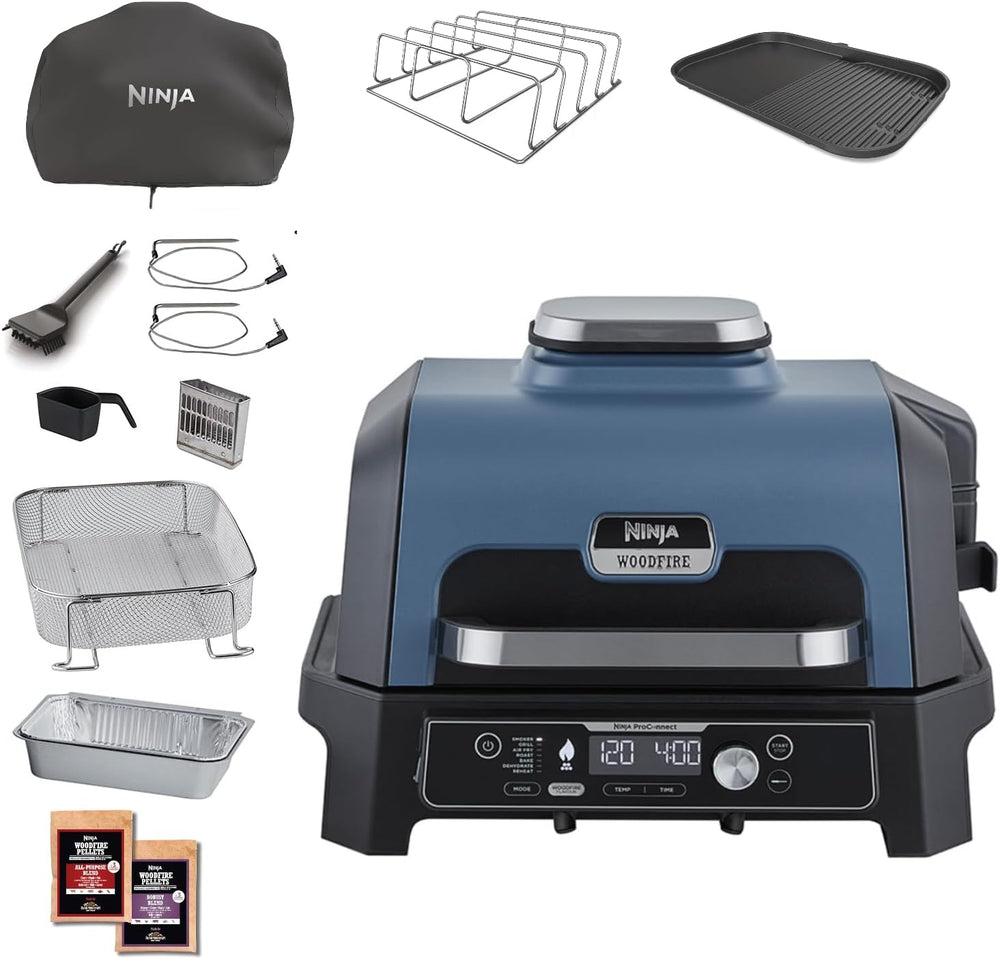 Ninja Woodfire Barbecue électrique et fumoir Pro XL avec thermomètre, barbecue et Air fryer d'extérieur 4-en-1 avec système Smart Cook et granulés Woodfire, portatif, gris/noir, OG850EU