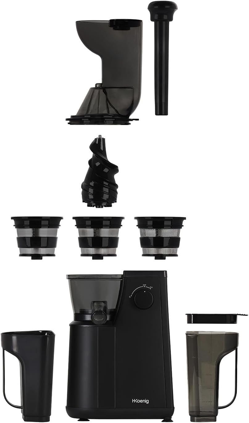 H.Koenig GSX12 Vertical Juice Extractor Stainless Steel Black, Fruit and Vegetable Juice, BPA Free, 82 mm Wide Mouth, Soft Pressure, 1 Litre, 400 W