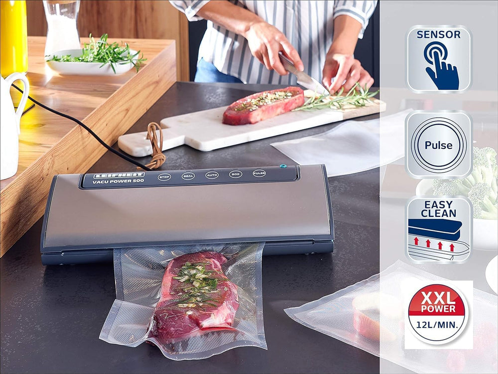 Leifheit Machine de mise sous vide alimentaire Vacu Power 500, appareil pour emballage sous vide + 10 sacs sous vide alimentaire (20 x 30 cm)