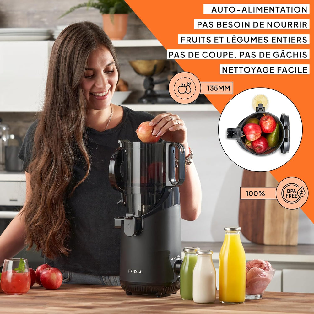 Slow Chewing, Slow Juicer, Fresh and Healthy Juice, Sorbet, Ice Cream, Mouth 75 mm, BPA Free, 240 Watts, Cold Pressure, Stainless Steel Black Fridja f1900