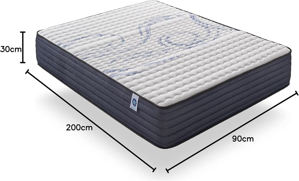NATURALEX - Matelas PerfectSleep 180x200 - Épais 30 cm - Soutien Mousse à mémoire de Forme - Accueil Blue Latex - Confort Ferme - Respirant - 7 Zones - Réversible - Haute Densité - Fabriqué en Europe