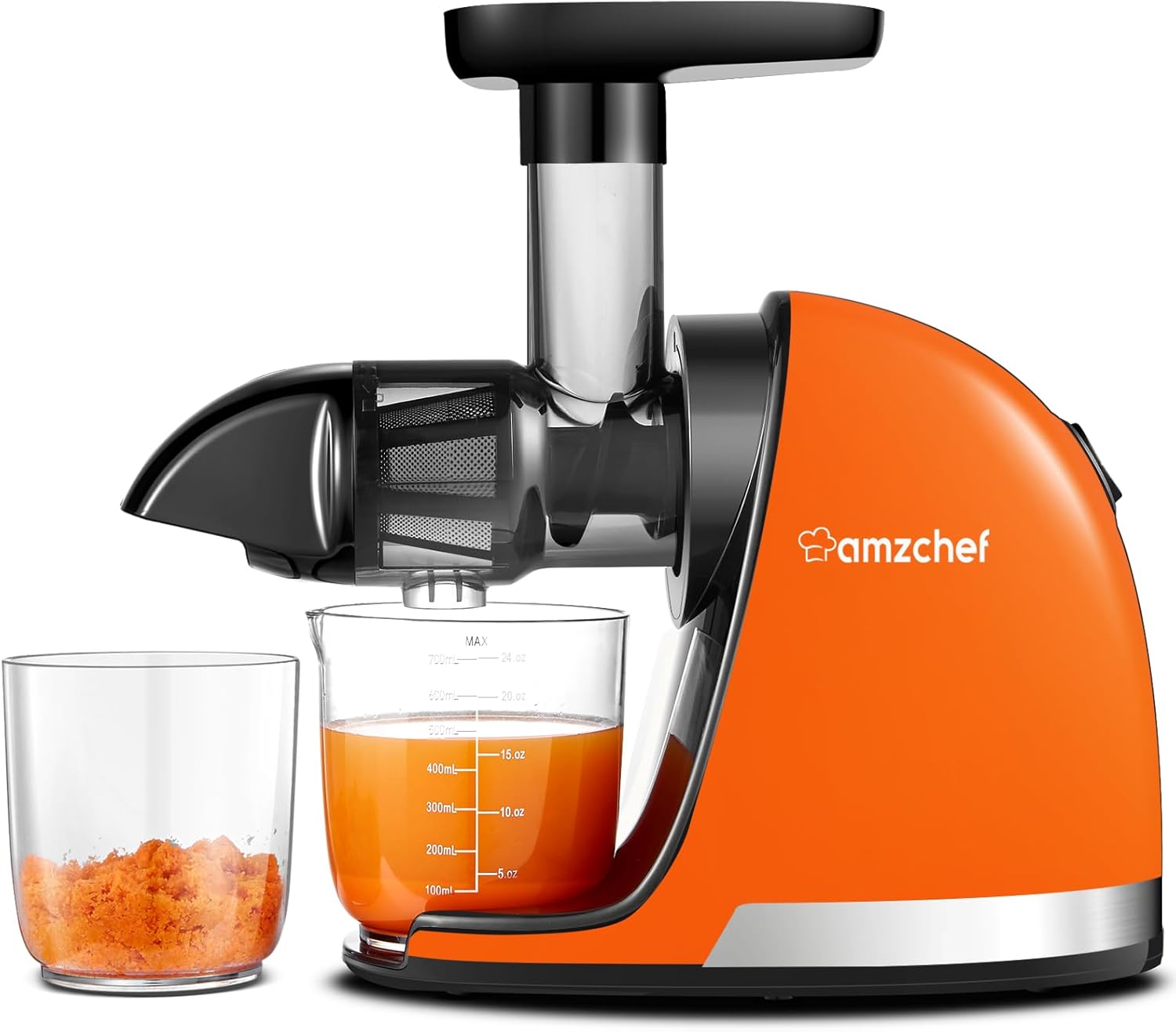 AMZCHEF Extracteur Jus - Extracteur de Jus de Fruits et Légumes - Presses-agrumes à Froid sans BPA avec 2 Tasses et Brosse - Fonction de Mastication Inversée pour Éviter les Blocages - Argent