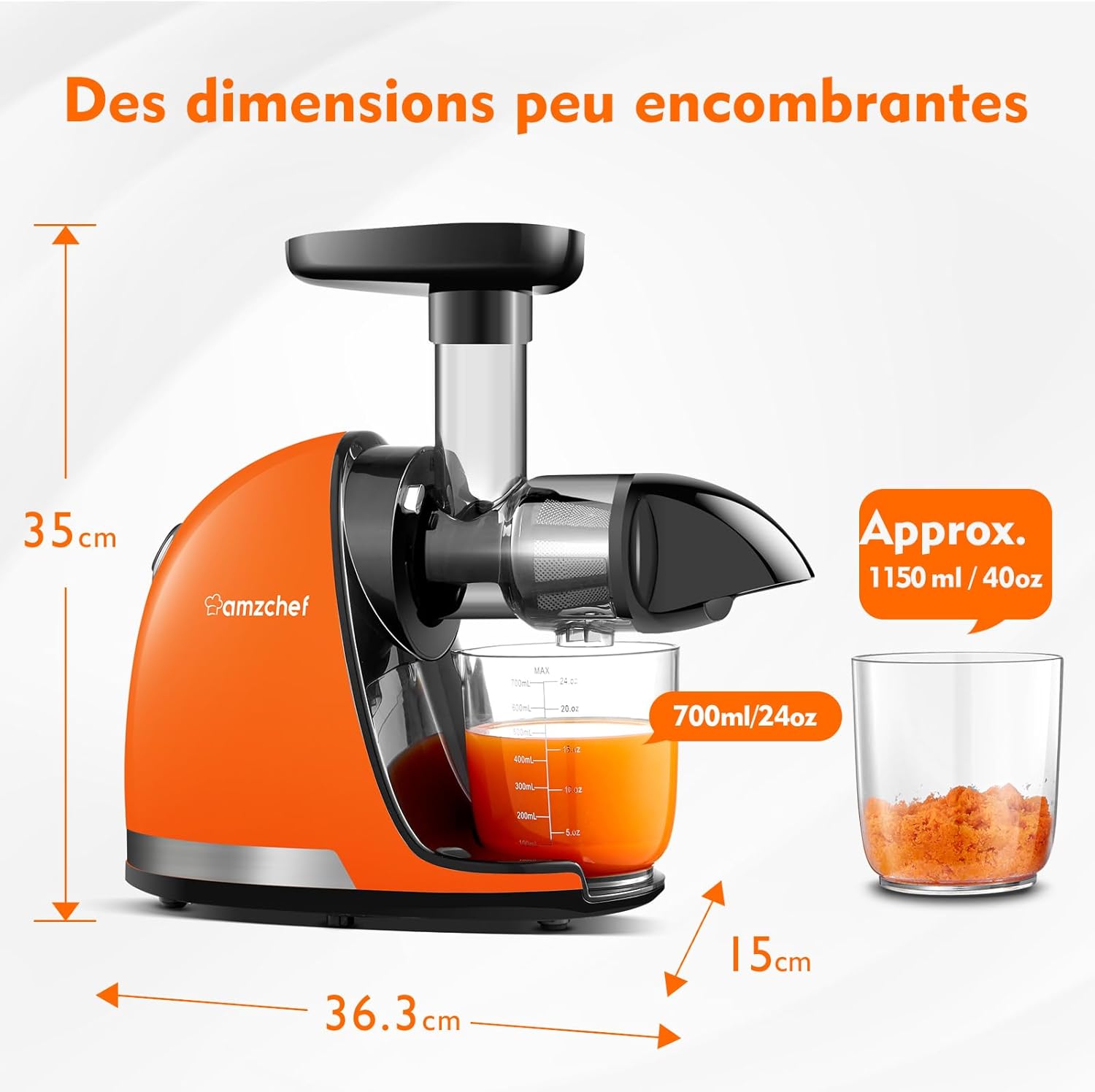 AMZCHEF Extracteur Jus - Extracteur de Jus de Fruits et Légumes - Presses-agrumes à Froid sans BPA avec 2 Tasses et Brosse - Fonction de Mastication Inversée pour Éviter les Blocages - Argent