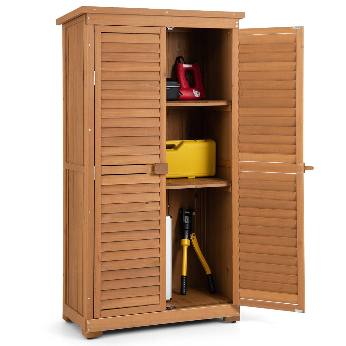 Abri de Jardin En Bois 160 Cm Toit en Asphalte 2 Portes Verrouillables avec Loquet Armoire Cabane en Sapin Pré-Huilé Imperméable 3 Étagères Amovibles Naturel