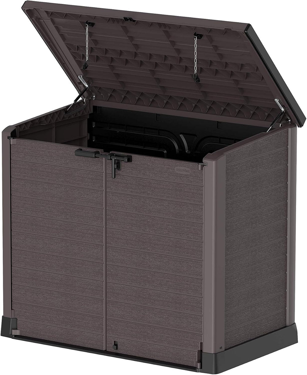 Duramax StoreAway 1200L Plastic Garden Shed/ Flat Lid, Outdoor Storage Shed, Wheelie Bin Hideaways, Wheelie bin box, Durable Construction, Ideal for Bikes, BBQs & 2x 240L Bins, 145x85x125 cm, Brown