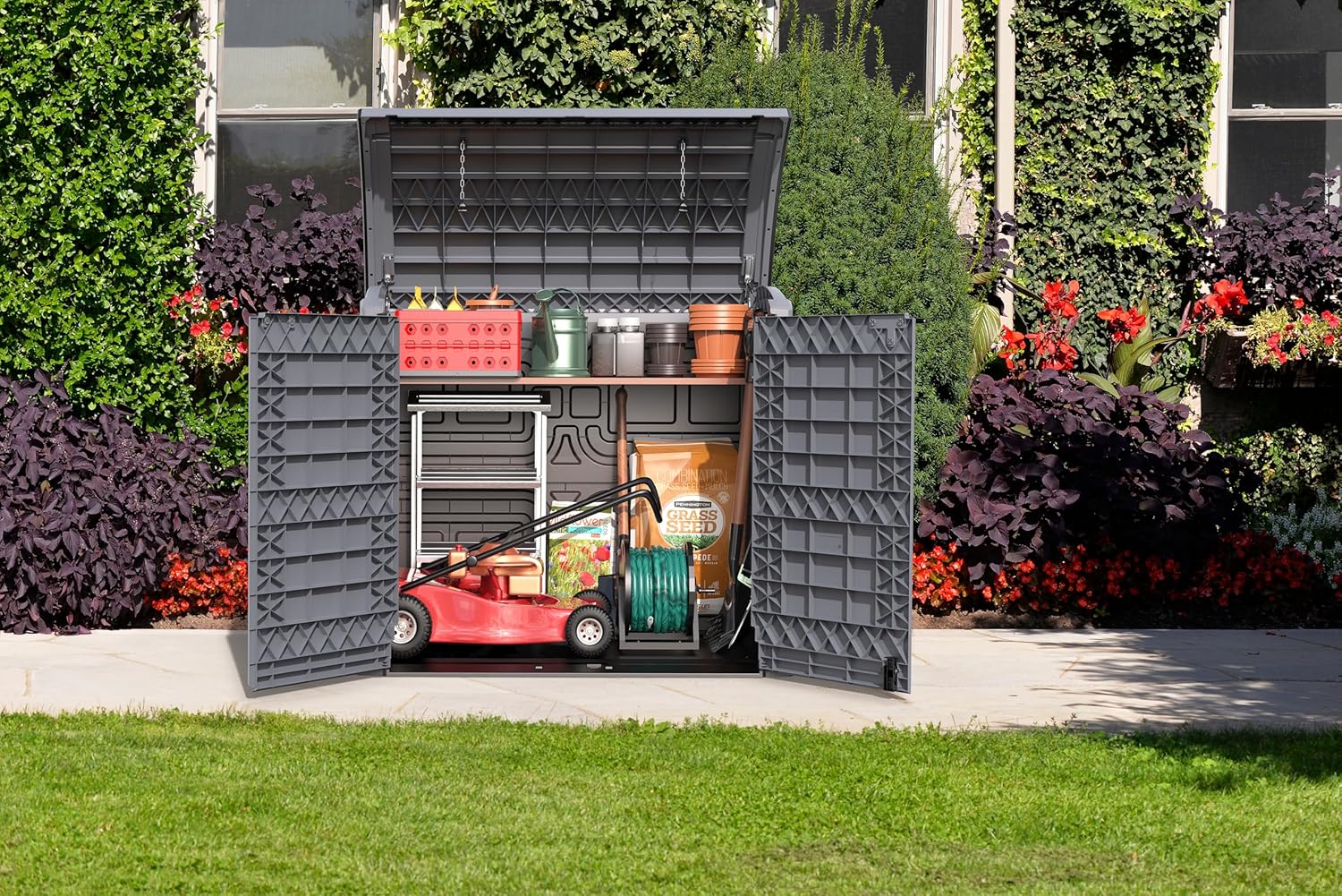 Duramax StoreAway 1200L Plastic Garden Shed/ Flat Lid, Outdoor Storage Shed, Wheelie Bin Hideaways, Wheelie bin box, Durable Construction, Ideal for Bikes, BBQs & 2x 240L Bins, 145x85x125 cm, Brown