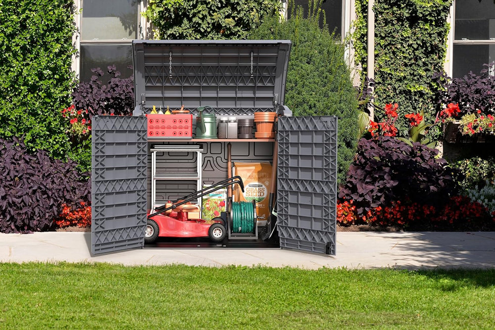 Duramax StoreAway 1200L Plastic Garden Shed/ Flat Lid, Outdoor Storage Shed, Wheelie Bin Hideaways, Wheelie bin box, Durable Construction, Ideal for Bikes, BBQs & 2x 240L Bins, 145x85x125 cm, Brown