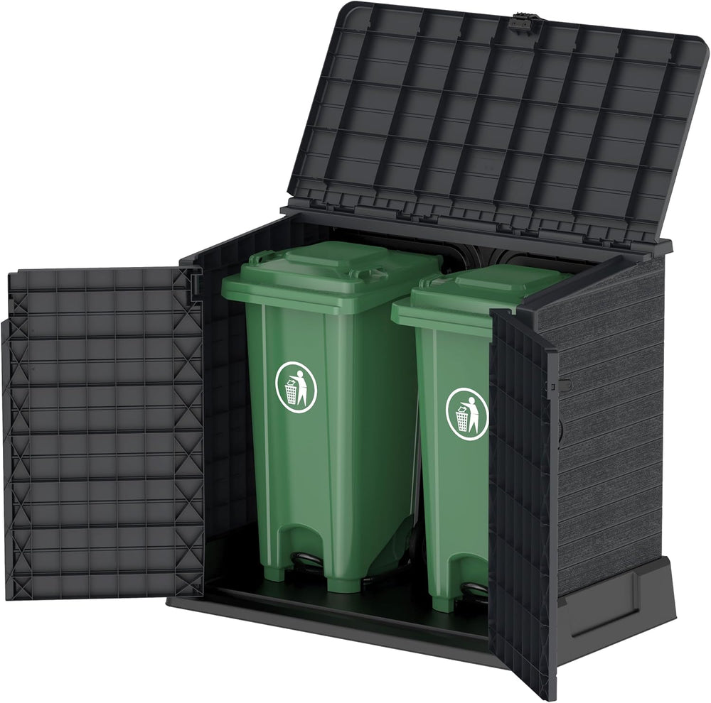 Duramax StoreAway 1200L Plastic Garden Shed/ Flat Lid, Outdoor Storage Shed, Wheelie Bin Hideaways, Wheelie bin box, Durable Construction, Ideal for Bikes, BBQs & 2x 240L Bins, 145x85x125 cm, Brown