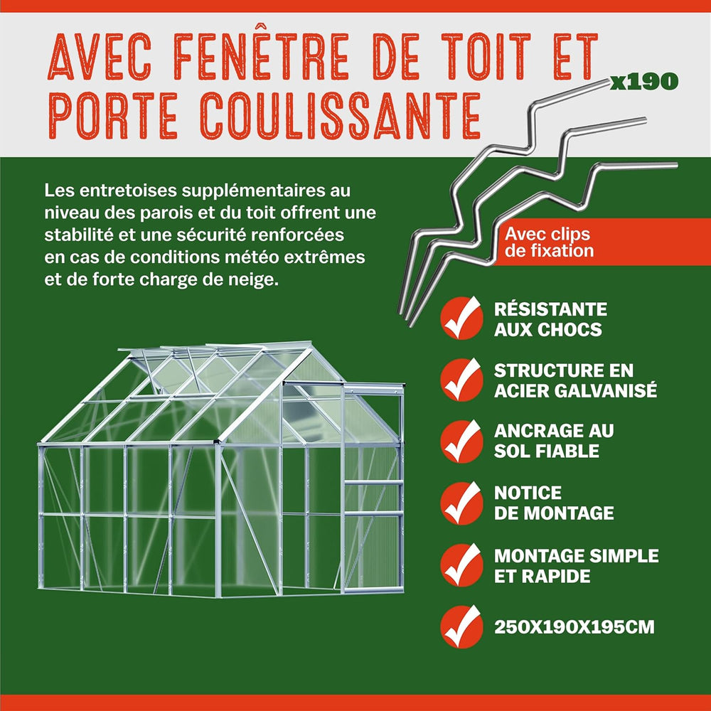 Gardebruk Serre de Jardin en Aluminium 7,63m鲁 abri extrieur pour Plantes lgumes 250x190x195cm avec fen锚tres