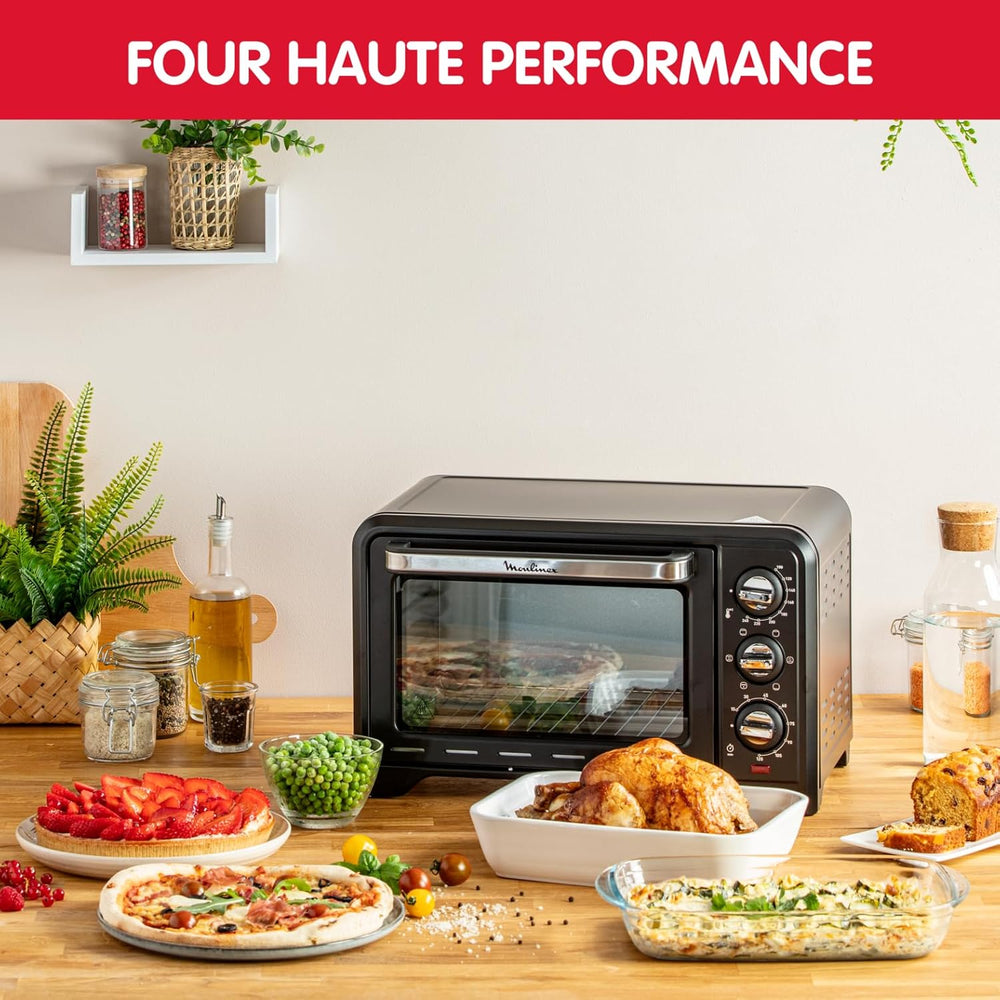 Moulinex Oven, 33 L, Rotating heat, Advanced convection, 6 cooking modes, Thermostat adjustable up to 240°C, Timer 120 min, Reversible grill, Silicone oven mitts, Optimo Black OX464811