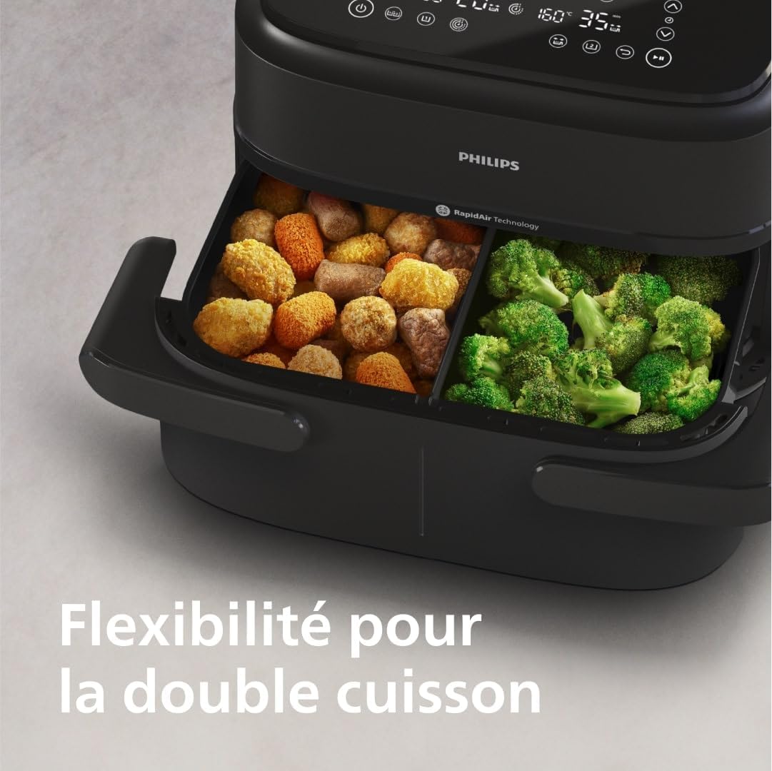Philips Air Fryer 3000 Series Double Basket - Healthy, Fast and Versatile Cooking, 9 Litre Capacity, Touch Screen, Two Drawer Design (NA350/00)