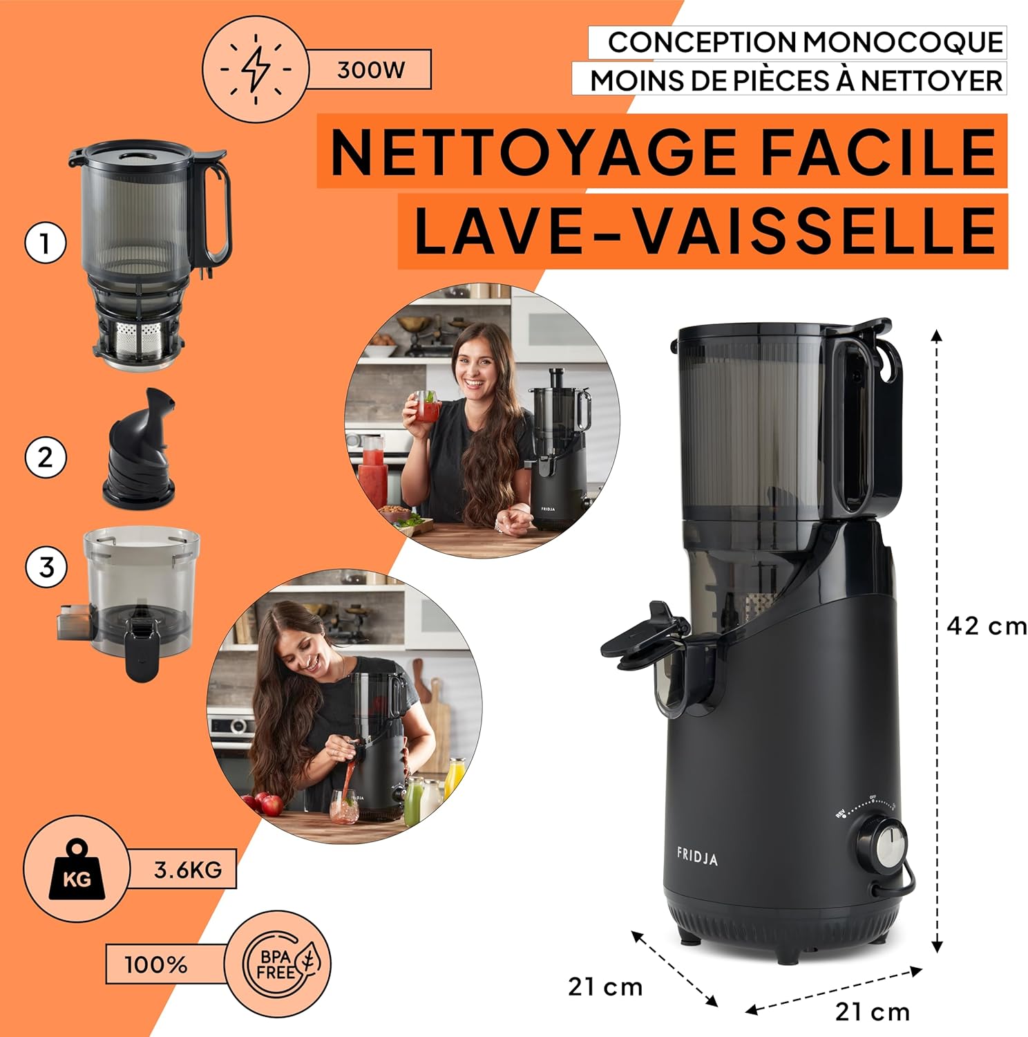 Slow Chewing, Slow Juicer, Fresh and Healthy Juice, Sorbet, Ice Cream, Mouth 75 mm, BPA Free, 240 Watts, Cold Pressure, Stainless Steel Black Fridja f1900