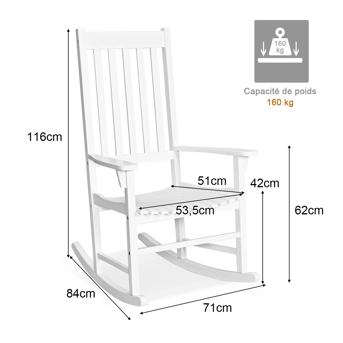 Fauteuil  Bascule en Bois d'Acacia Chaise Berante pour Jardin Pelouse Balcon Blanc -