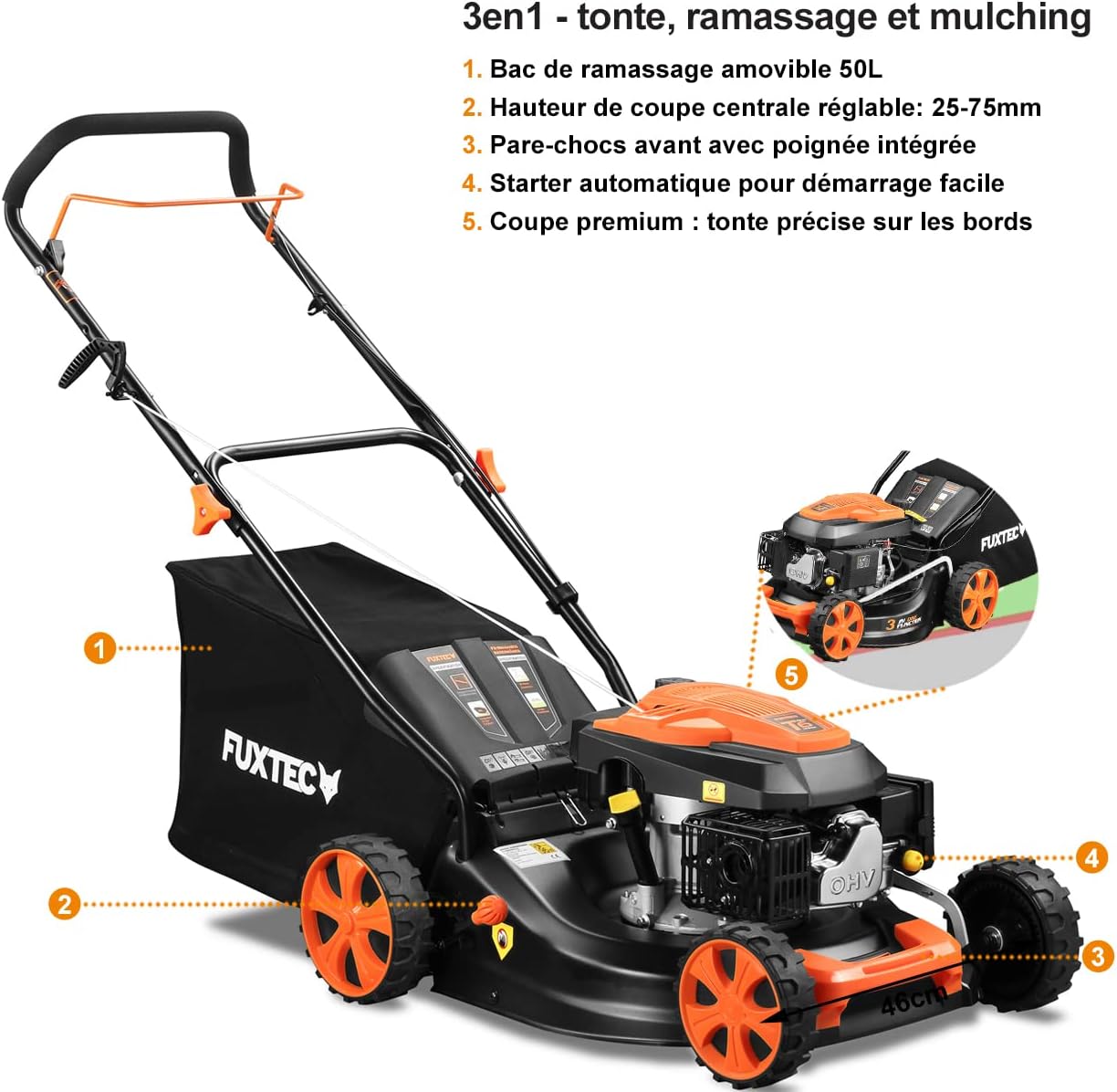 FUXTEC Tondeuse thermique pousse FX-RM4646ECO - Tres bon rapport qualit-prix - Easy Clean 3en1 largeur de coupe 46cm - bac de ramassage 50L