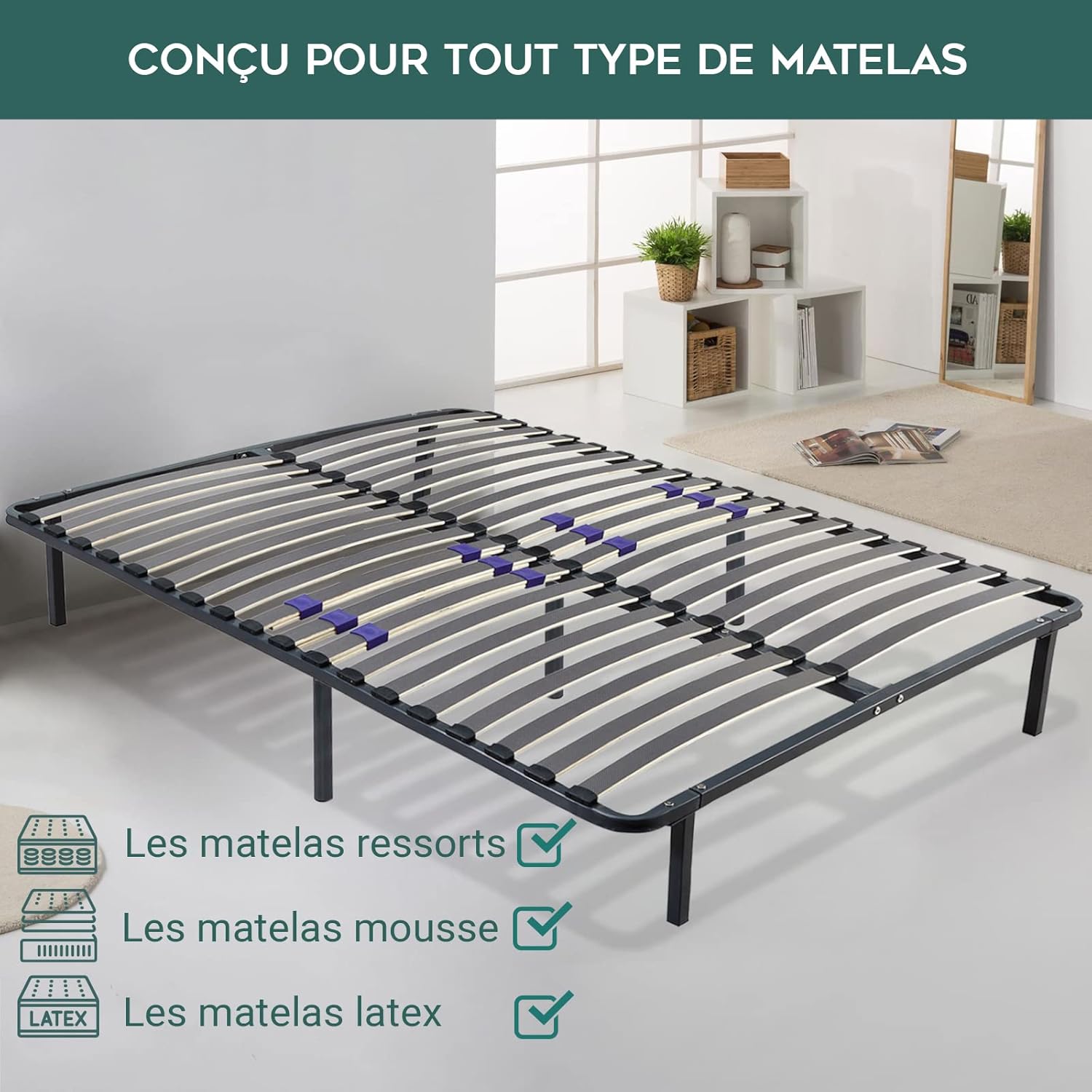 SAMPUR - Sommier Essentiel 140x190 cm | Résistant et Confortable | 7 Pieds Inclus | Lattes réglables | Cadre métal laqué époxy | Sommier 1 ou 2 Personnes | Montage Rapide et Facile