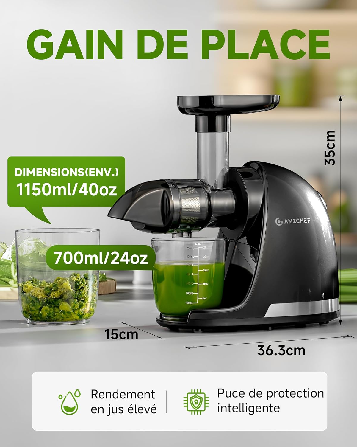 AMZCHEF Extracteur Jus - Extracteur de Jus de Fruits et Légumes - Presses-agrumes à Froid sans BPA avec 2 Tasses et Brosse - Fonction de Mastication Inversée pour Éviter les Blocages - Argent