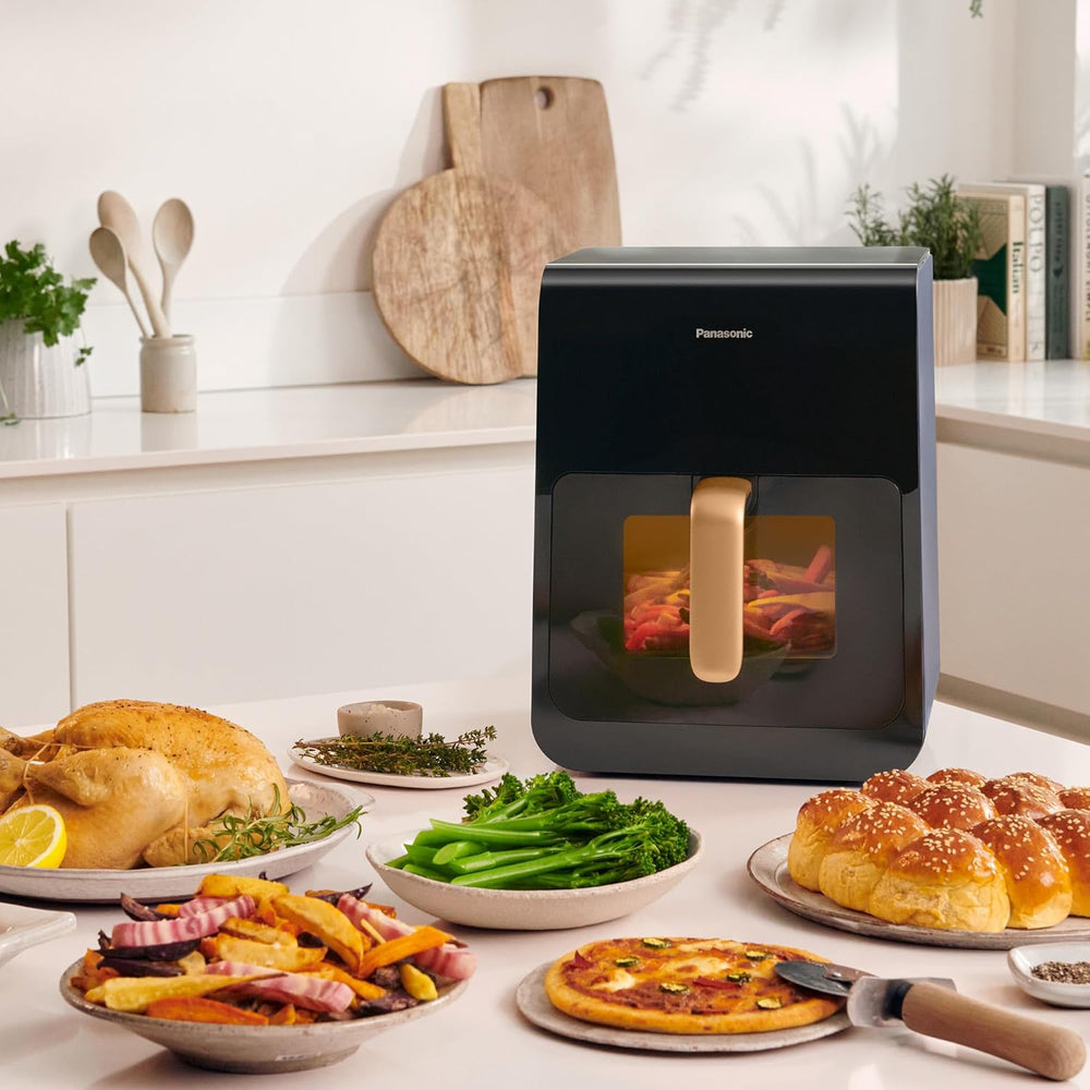 Panasonic NF-CC500SXE AirFryer Friteuse sans huile avec Hublot, 5L, 80-200°C, Minuterie Numérique et Écran LCD, Vapeur Douce, 11 Préréglages, Nettoyage Facile, Gris Mat