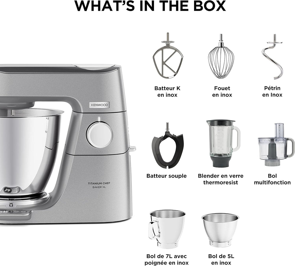 Kenwood Titanium Chef Baker KVC65.001WH, Pastry Robot with Integrated Scales, Including 3-Piece Pastry Set, Spatula & Splash Protection, 1200 W, White