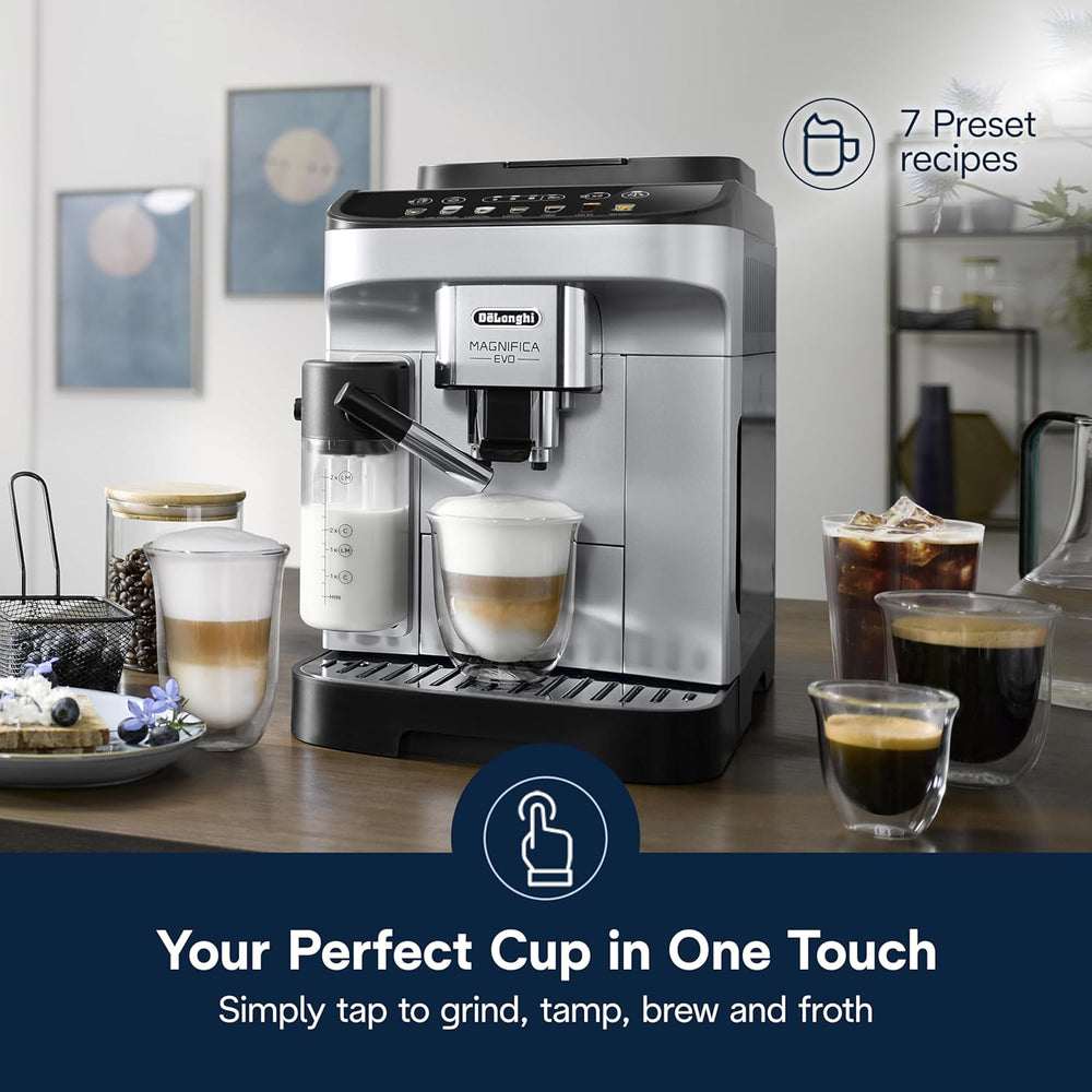 De'Longhi Magnifica Evo Automatic Espresso & Coffee Machine with Manual Milk Frother, Built-in Grinder & Auto-Clean Function - For Latte, Cappuccino, Americano, Iced Coffee, ECAM29043SB