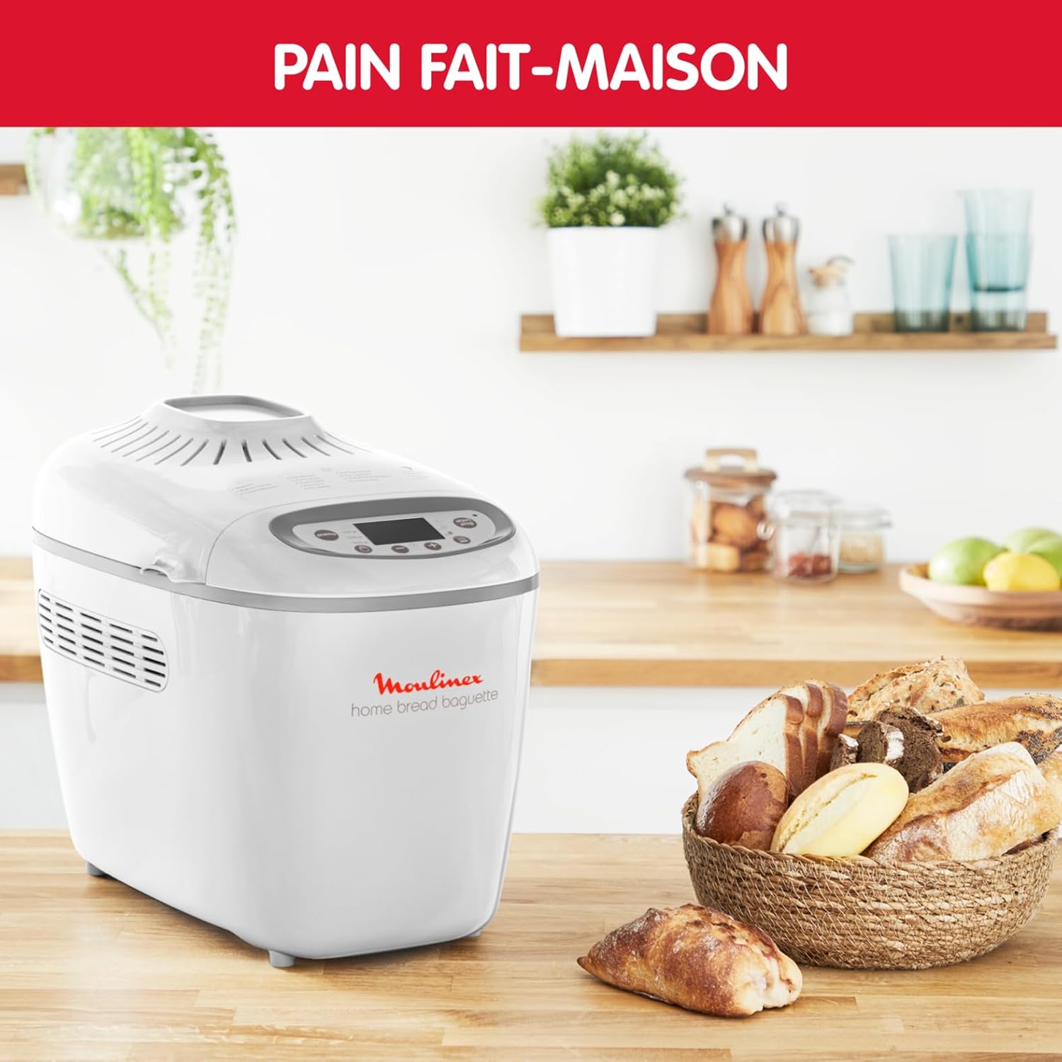 Moulinex Home Bread Baguette Machine à petits pains, 16 programmes, Résultats homogènes, Jusqu'à 1,5 kg de pain frais, Plaques croustillants, 3 niveaux de dorage OW610110, Blanc