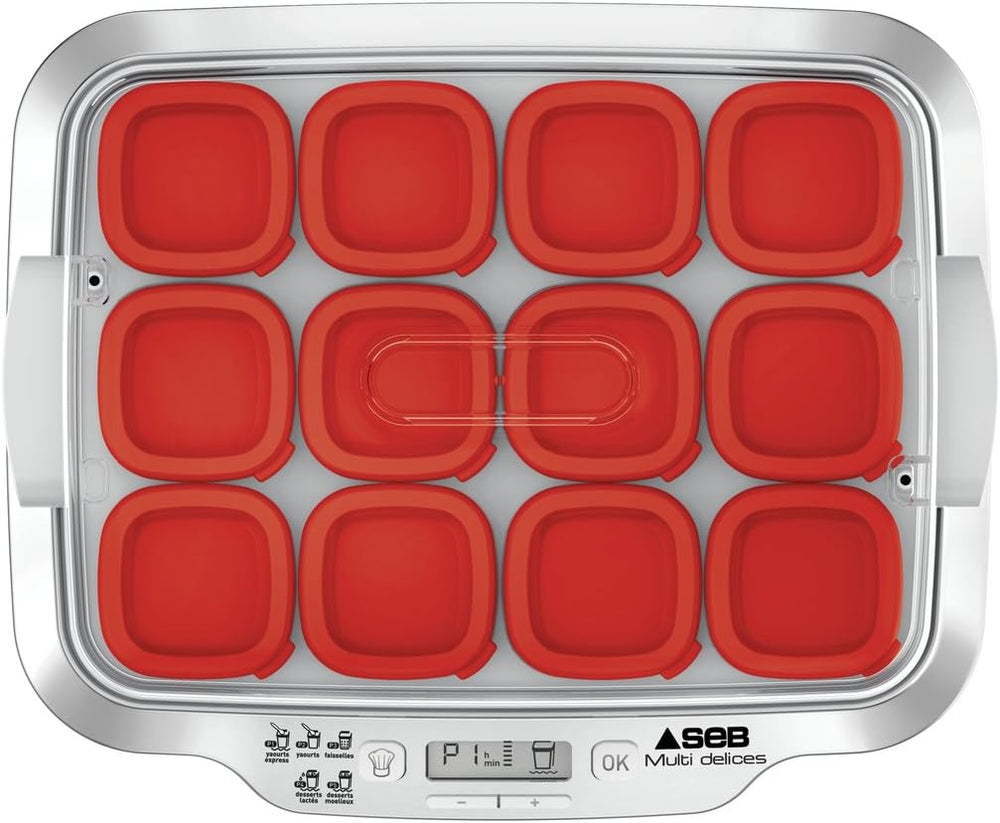 Seb Yogurt Maker 12 Jars, Glass Jars 140 ml, 5 Automatic Programs, BPA-Free, Compact, Homemade Yogurt & XF101001 Delices Box Box 1 L Tray White Yogurt-Cheese with Drainer