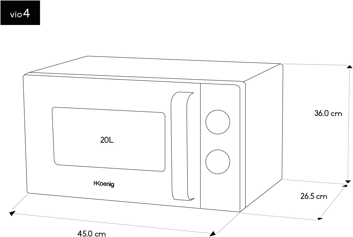 H.Koenig Four à Micro-ondes Compact Digital 20L VIO2, 700W, Plateau tournant 24,5cm, Multifonction Programmable 6 niveaux de chauffe, Décongélation et Express, Minuterie 60min, Effet mirroir noir