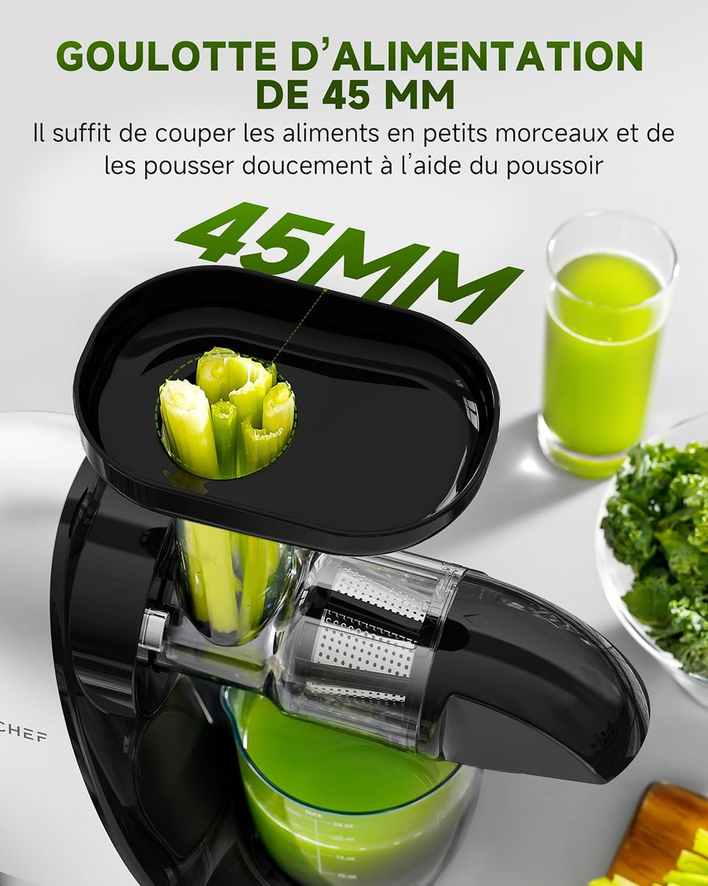AMZCHEF Extracteur Jus - Extracteur de Jus de Fruits et Légumes - Presses-agrumes à Froid sans BPA avec 2 Tasses et Brosse - Fonction de Mastication Inversée pour Éviter les Blocages - Argent
