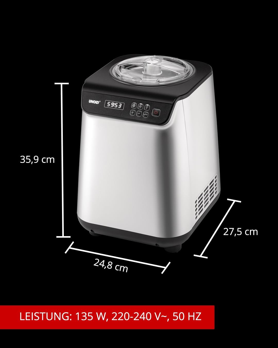 Unold Uno 48825 Sorbetière – Compresseur auto-refroidissant, entièrement automatique, 135 W, refroidissement à -35 °C, écran LCD, récipient en acier inoxydable, minuterie, compresseur